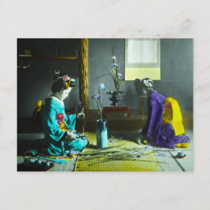 Vintage Hand Coloured Japanese Geisha Magic Lanter Postcard