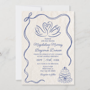 Vintage Hand Drawn Blue Retro Ribbon Swans Wedding Invitation