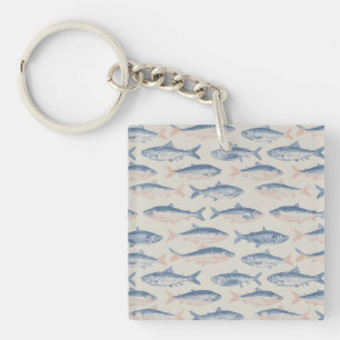 Vintage Hand-Drawn Fish Seamless Pattern Key Ring