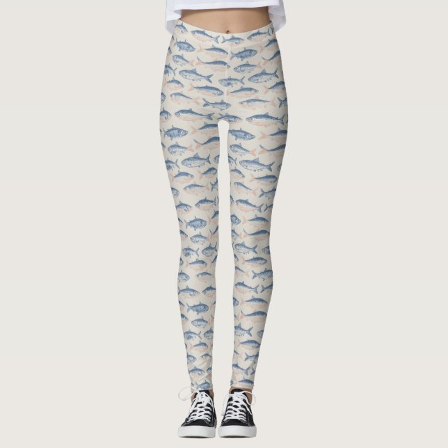 Vintage Hand-Drawn Fish Seamless Pattern Leggings (Front)