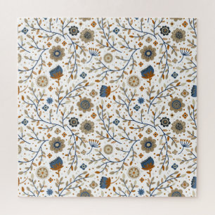 Vintage Hand-Drawn Floral Pattern in Blue, Orange Jigsaw Puzzle
