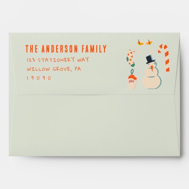 Vintage Hand Drawn Green Christmas Retro Envelope (Back (Top Flap))