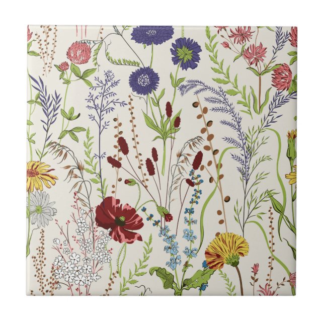 Vintage Hand-Drawn Meadow Wildflower Tile (Front)