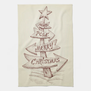 Vintage Hand-drawn North Pole Sign Christmas Tea Towel