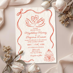 Vintage Hand Drawn Orange Retro Swans Wedding Invitation