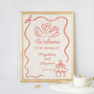 Vintage Hand Drawn Orange Swans Wedding Welcome Poster