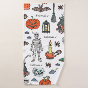 vintage hand drawn pattern on the theme of Hallowe Bath Towel