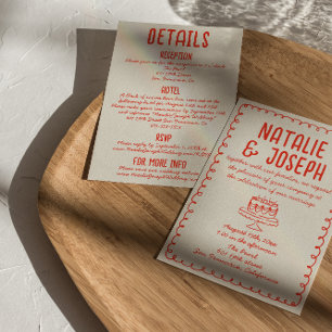 Vintage Hand Drawn Red Funky All In One Wedding Invitation