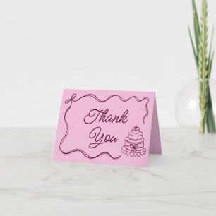 Vintage Hand Drawn Retro Ribbon Bow Cake Burgundy Thank You Card