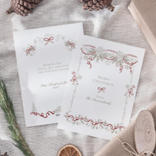 Vintage Hand Drawn Ribbon Wreath Christmas  Holiday Card