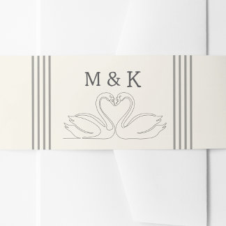 Vintage Hand Drawn Romantic Swans Monogram Wedding Invitation Belly Band