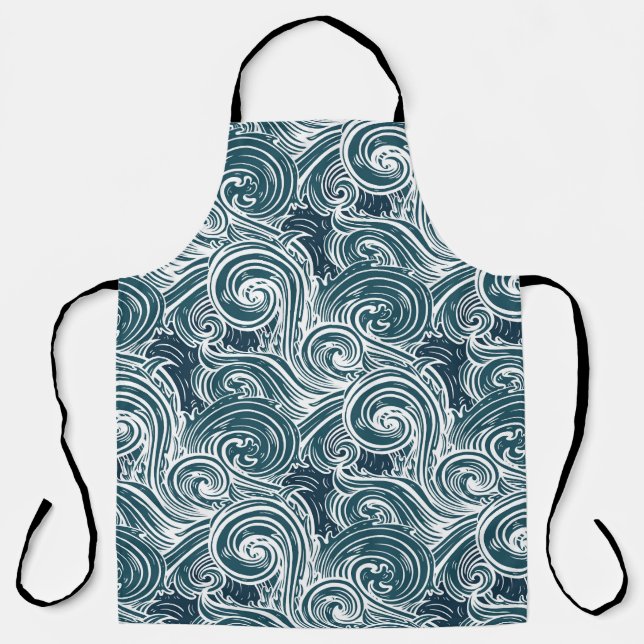 Vintage Hand-Drawn Sea Waves Illustration Apron (Front)
