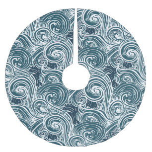 Vintage Hand-Drawn Sea Waves Illustration Brushed Polyester Tree Skirt