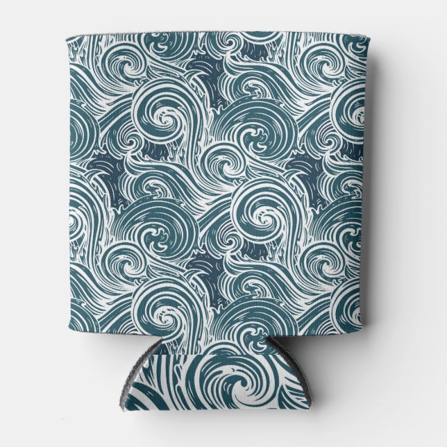 Vintage Hand-Drawn Sea Waves Illustration Can Cooler (Front)