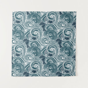 Vintage Hand-Drawn Sea Waves Illustration Tapestry