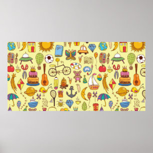 vintage hand drawn seamless pattern with doodle ki poster