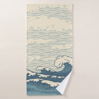 Vintage hand-drawn seascape in retro style with wa bath towel