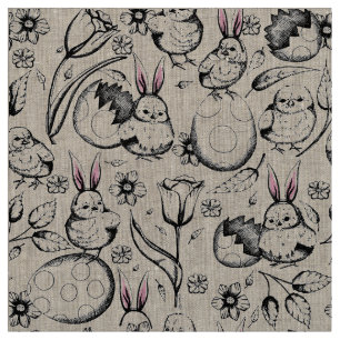 Vintage Hand-Drawn Spring & Easter Linen Print Fabric