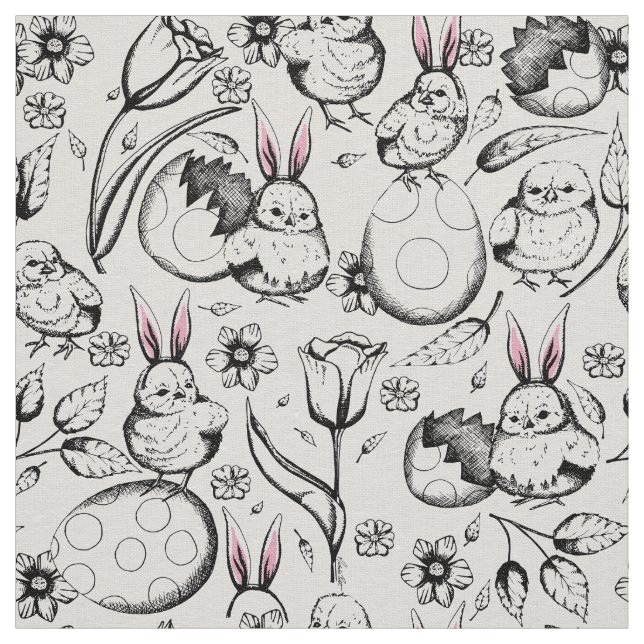 Vintage Hand-Drawn Spring & Easter Linen Print Fabric (Swatch)