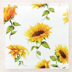 Vintage Hand-Drawn Sunflower Watercolor Glass Coaster