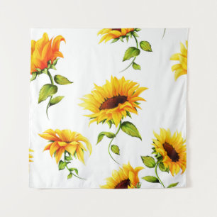Vintage Hand-Drawn Sunflower Watercolor Tapestry