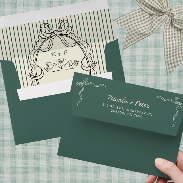 Vintage Hand Drawn Swan Green Stripes Wedding Envelope (Creator Uploaded)
