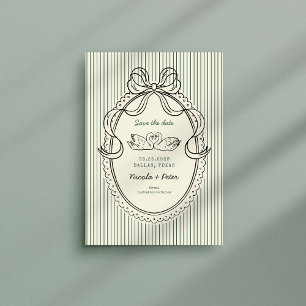 Vintage Hand Drawn Swan Green Stripes Wedding Save The Date