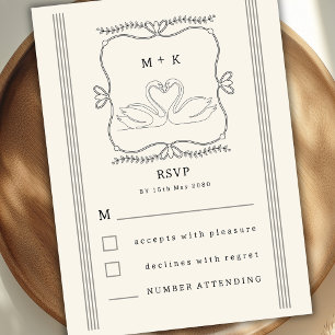 Vintage Hand Drawn Swans Monogram RSVP Wedding  Enclosure Card