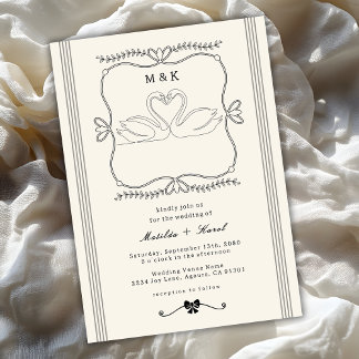 Vintage Hand Drawn Swans Stripes Monogram Wedding Invitation