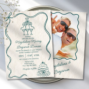 Vintage Hand Drawn Teal Retro Bow Photo Wedding Invitation