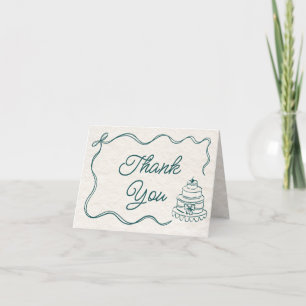 Vintage Hand Drawn Teal Retro Ribbon Bow Cake  Thank You Card