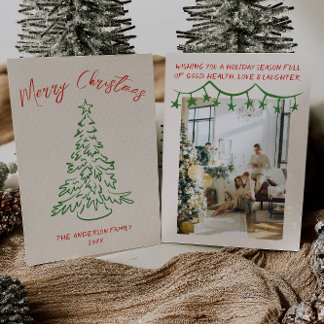 Vintage Hand Drawn Unique Tree Photo Christmas Holiday Card