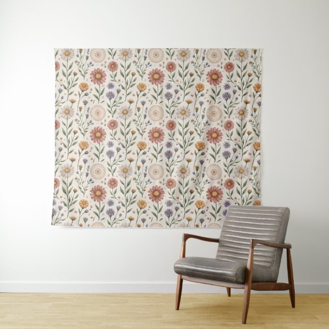  Vintage Hand-Drawn Wildflowers Patchwork Seamless Tapestry (In Situ (Horizontal))