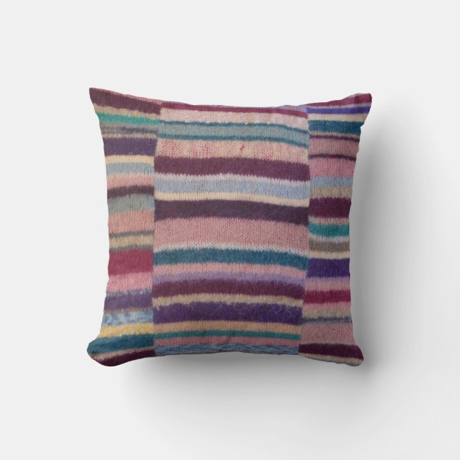 vintage hand knitted colourful stripes fun cushion (Front)