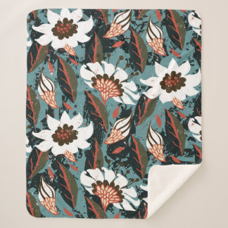 Vintage hand painted floral pattern with flower on sherpa blanket