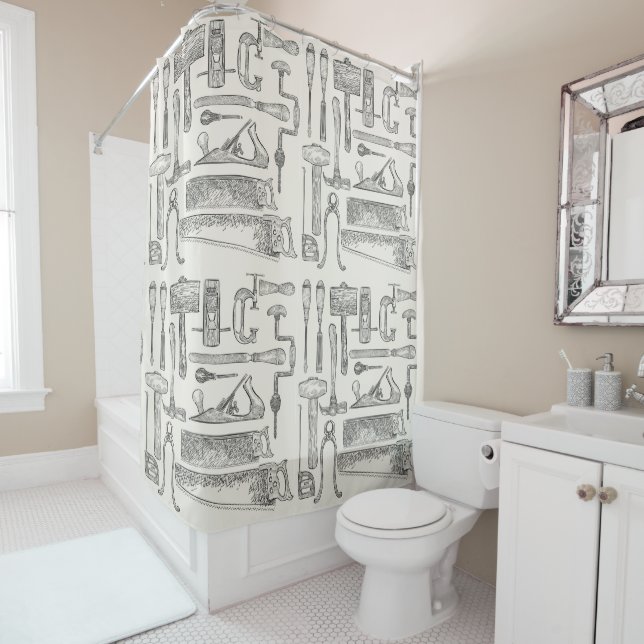 Vintage Hand Tools Pattern Carpenter Handyman Shower Curtain (In Situ)