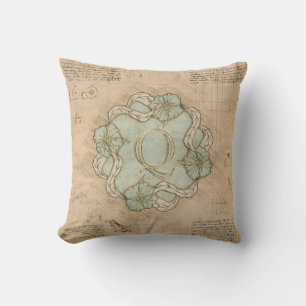 Vintage Handcrafted Letter Q Word Art Green Gold Cushion