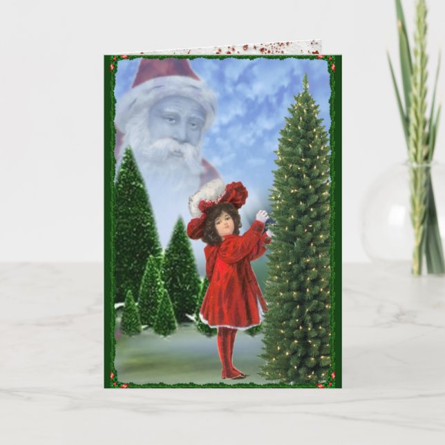 Vintage Handpainted Girl in Red Christmas Card (Front)