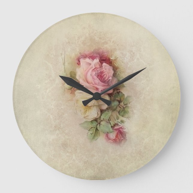 Vintage Handpainted Style Roses Large Clock (Front)