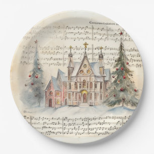 Vintage Handwritten Carol Watercolor Scenery Paper Plate