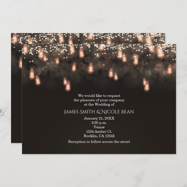 Vintage Hanging Light Bulbs Rustic Wedding Invitation (Front/Back)