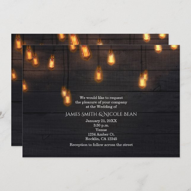 Vintage Hanging Light Bulbs Rustic Wood Wedding Invitation (Front/Back)