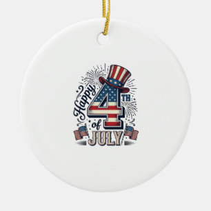 Vintage Happy 4th of July Patriotic Hat Vector Des Ceramic Tree Decoration