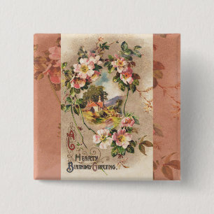 Vintage Happy Birthday Card Artwork 15 Cm Square Badge