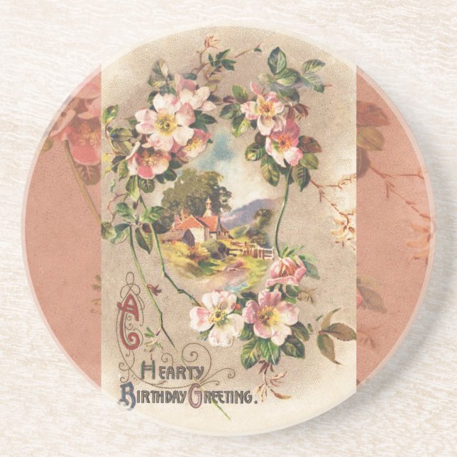 Vintage Happy Birthday Card Artwork Coaster (Front)