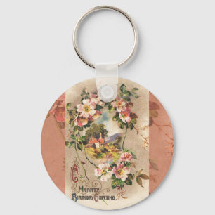 Vintage Happy Birthday Card Artwork Key Ring