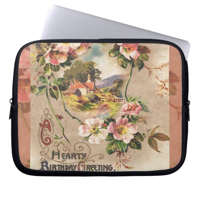 Vintage Happy Birthday Card Artwork Laptop Sleeve (Front)