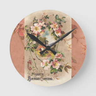 Vintage Happy Birthday Card Artwork Round Clock