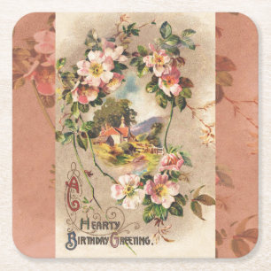 Vintage Happy Birthday Card Artwork Square Paper Coaster