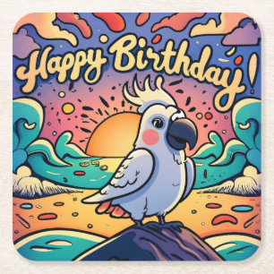 Vintage Happy Birthday Colorful Parrot Bird Square Paper Coaster